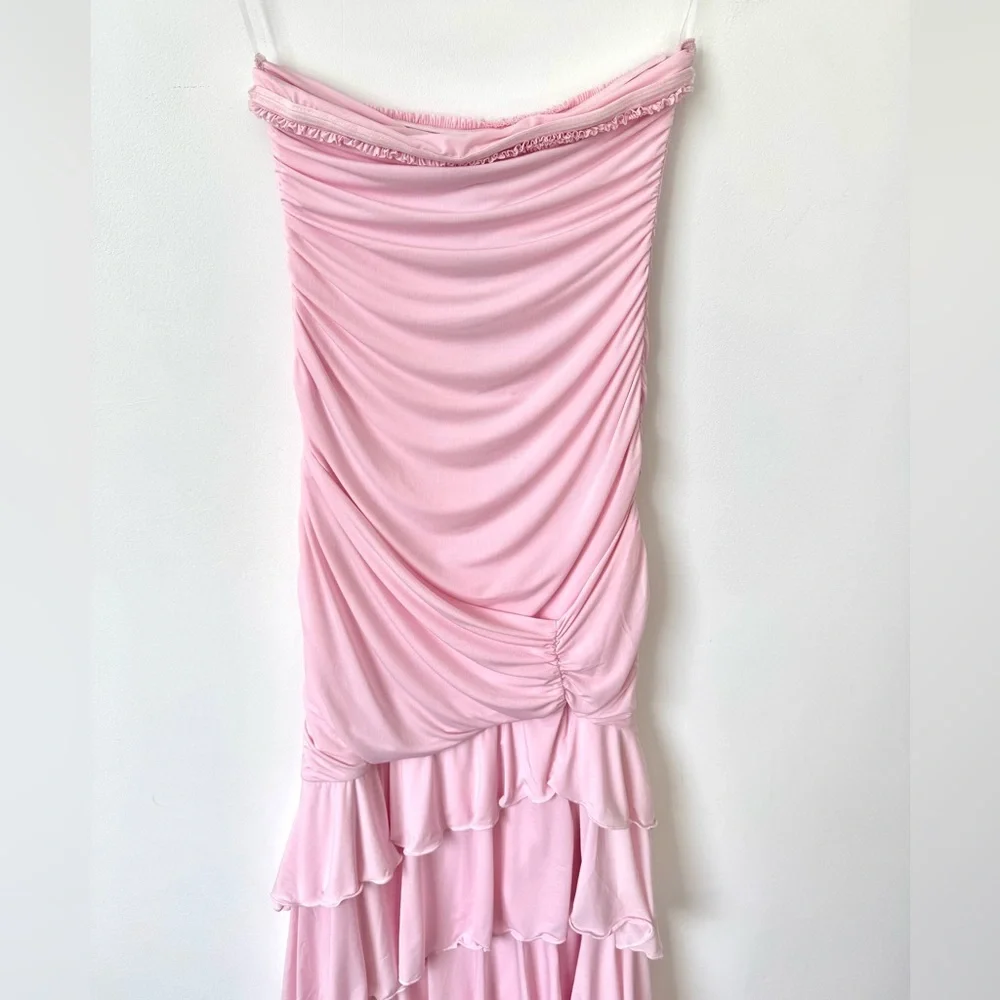 Oh Polly Hayami Bandeau Ruched Ruffle-Trim Maxi Dress in Blush - Size 2 - Picture 9 of 16